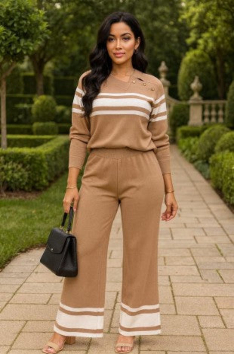 Two piece knit camel pant set, camel striped pant set. Airport travel two piece set, women’s camel formal two piece set
