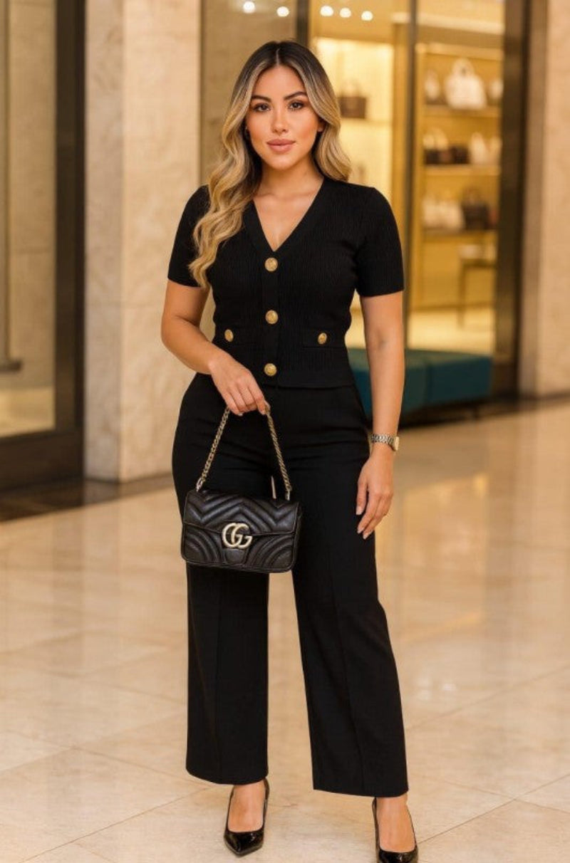 Black knit with gold button pant set, women’s formal wear, women’s work pant set, black airport travel knit set