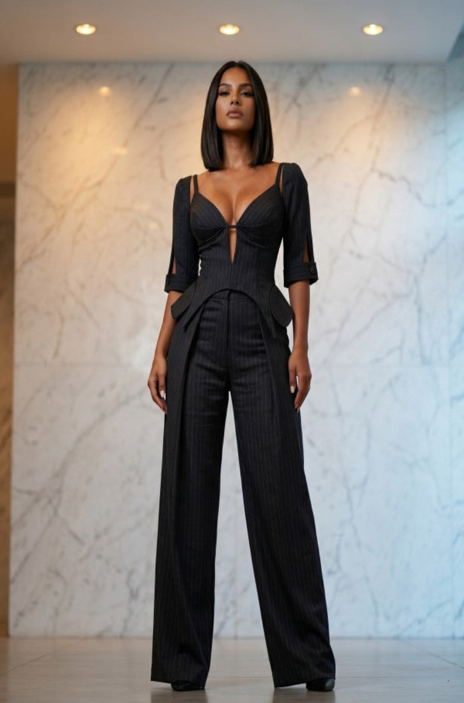 Black pinstripe corset top with plunging neckline and wide-leg trousers