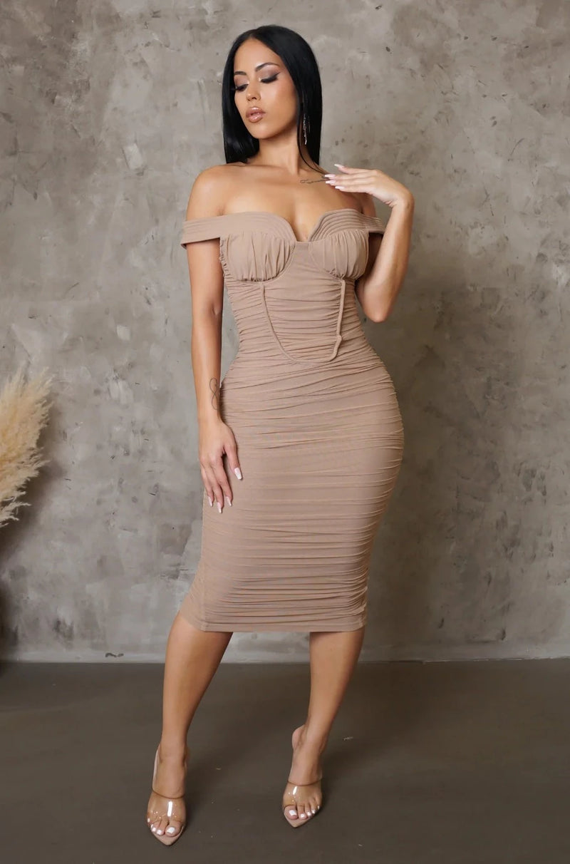 taupe off the shoulder dress, taupe midi dress, taupe ruched dress, party dress