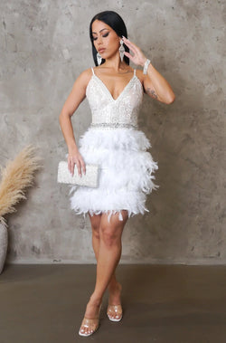 white feather dress, white dress, party dress, white party dress, reception dress