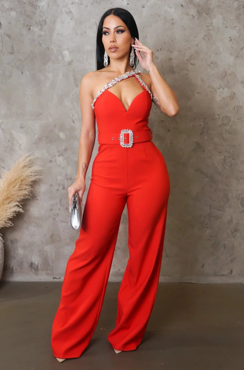 red jumpsuit, red party outfit, 