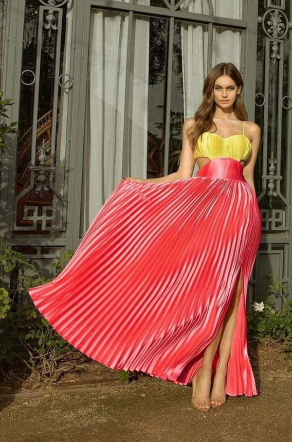 lime and pink dress, pleated dress, colorful dress, long dress