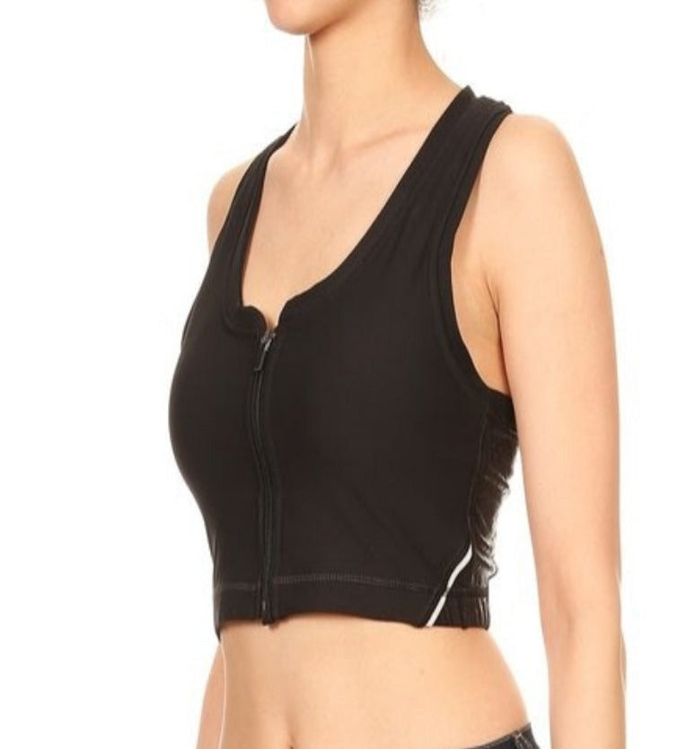 Black front-zip sports bra