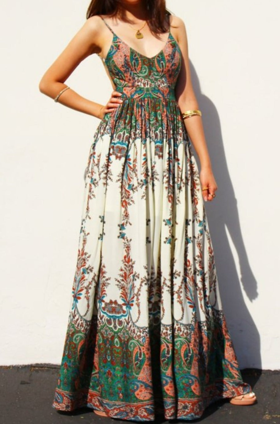 Green printed maxi dress, back view