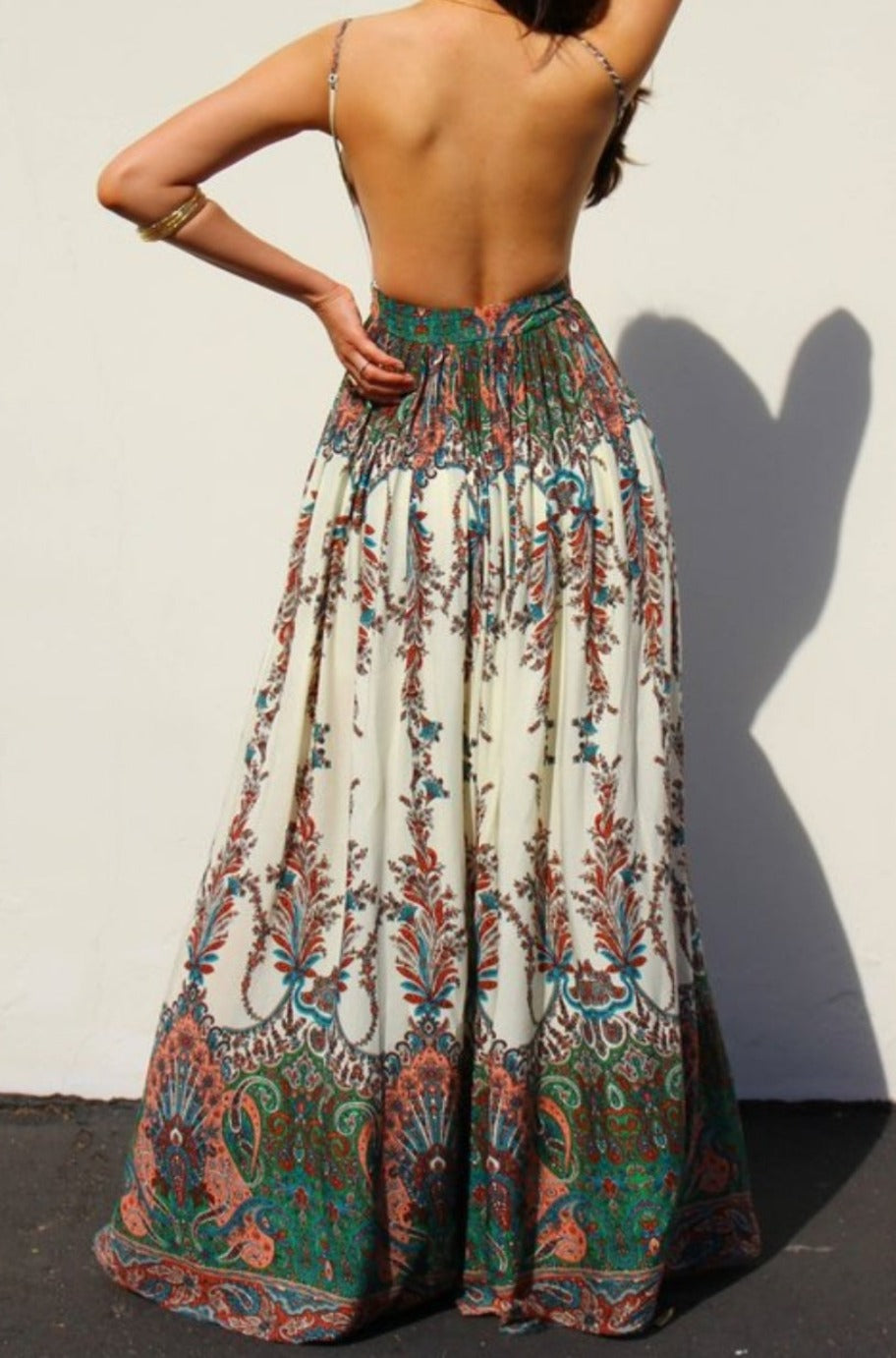 Green printed open-back maxi dress