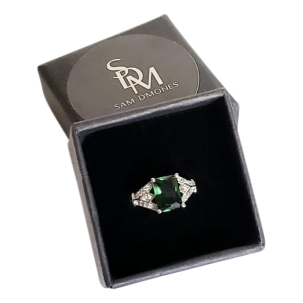 emerald princess cut with diamond ring, emerald ring, silver emerald ring, ring