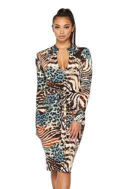 bodycon long-sleeve animal print dress, dresses, animal print dress, zipper dress