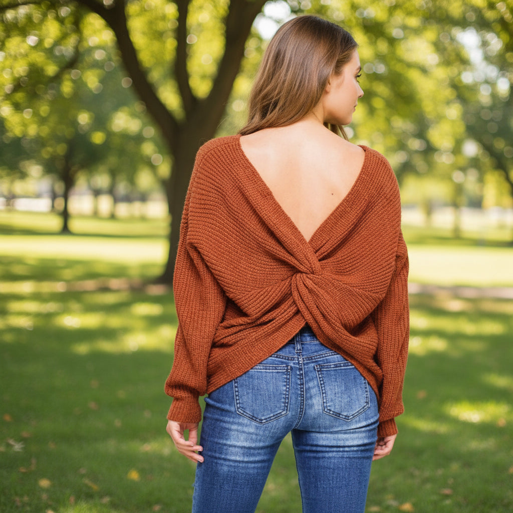 Rust twist-front knit sweater