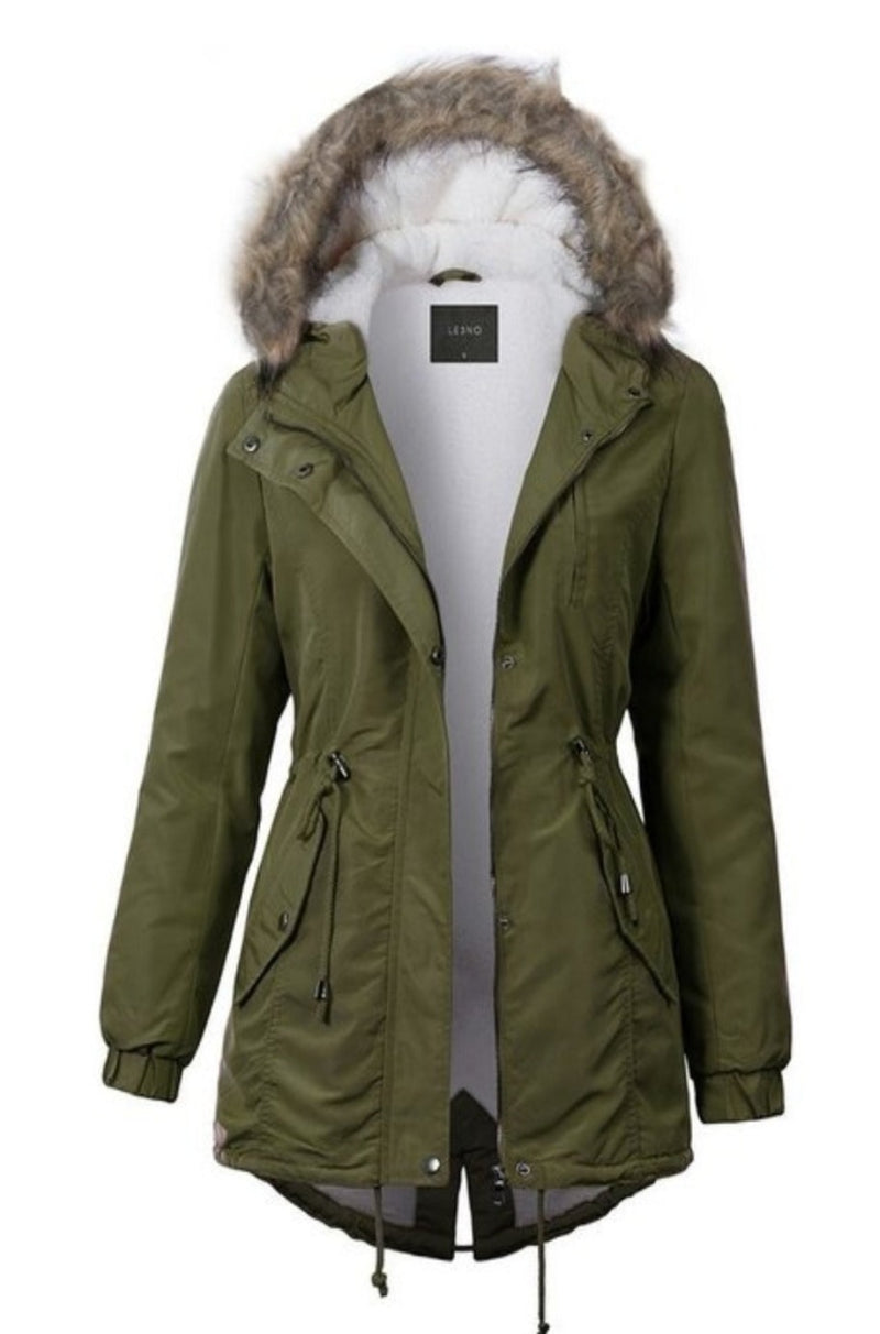 olive jacket, olive coat, coat, coat with detachable hood, coat with fur, 