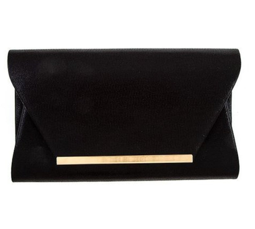 Black clutch handbag with metal accent