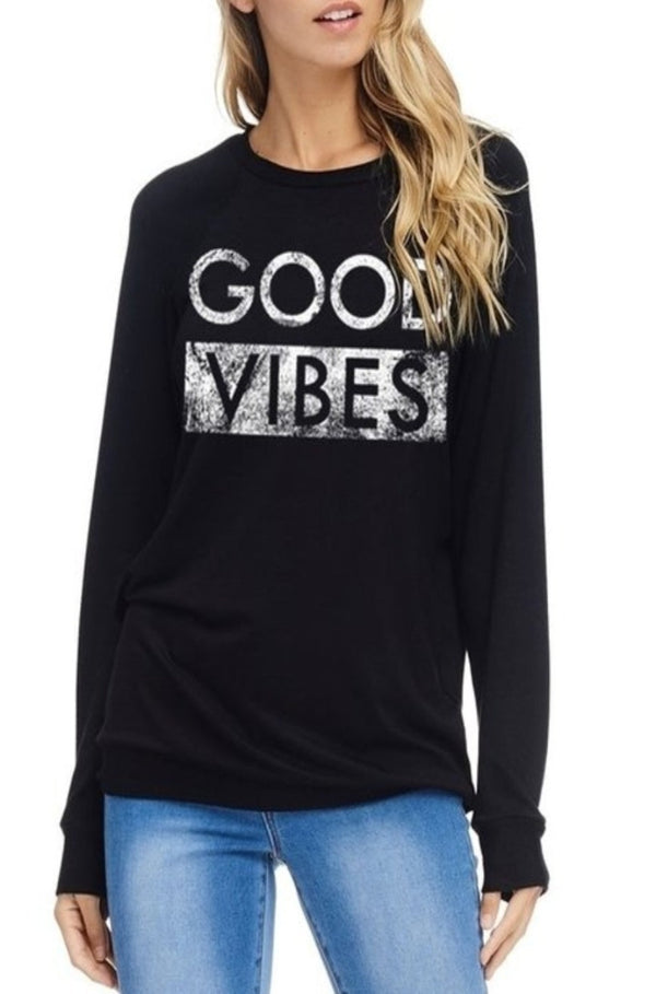 black graphic good vibes long-sleeve shirt, long sleeve graphic sweater, good vibes shirt, shirt, long sleeve good vibes