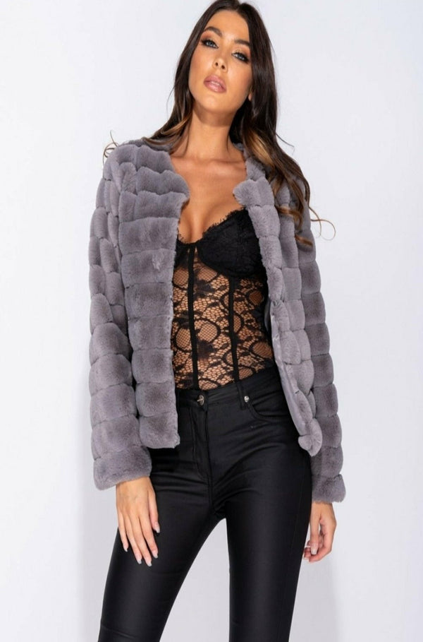 gray fur coat, gray faux jacket, jacket, gray jacket, fur jacket, gray faux fur coat