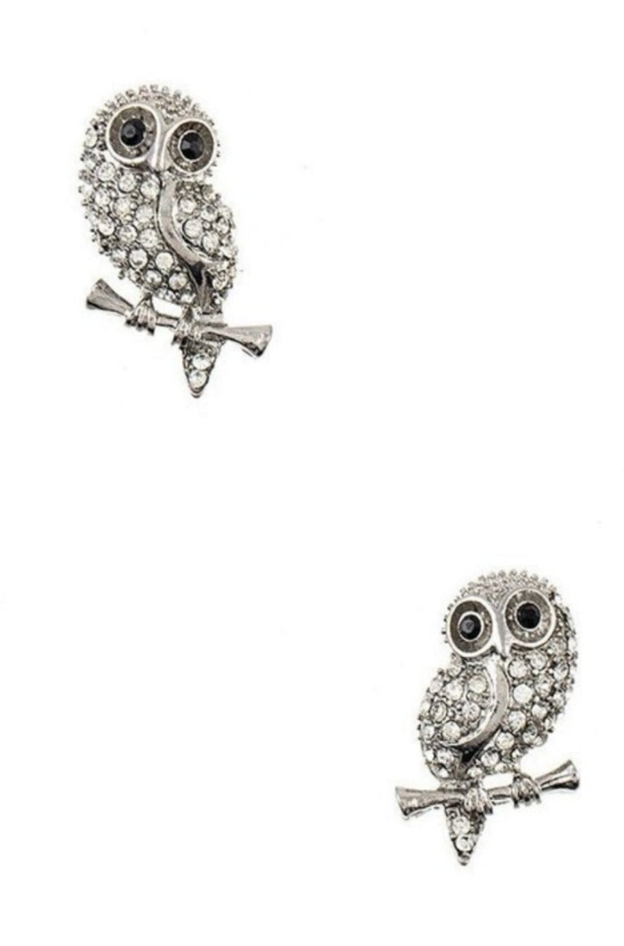 Silver owl stud earrings with rhinestones