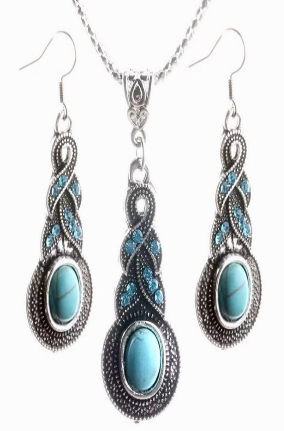 Silver and turquoise necklace and earring set