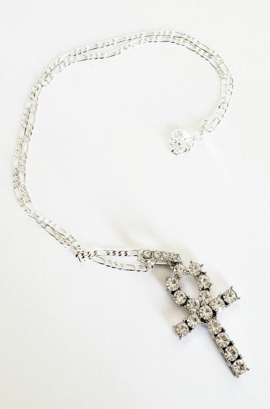 Silver ankh pendant necklace with crystals