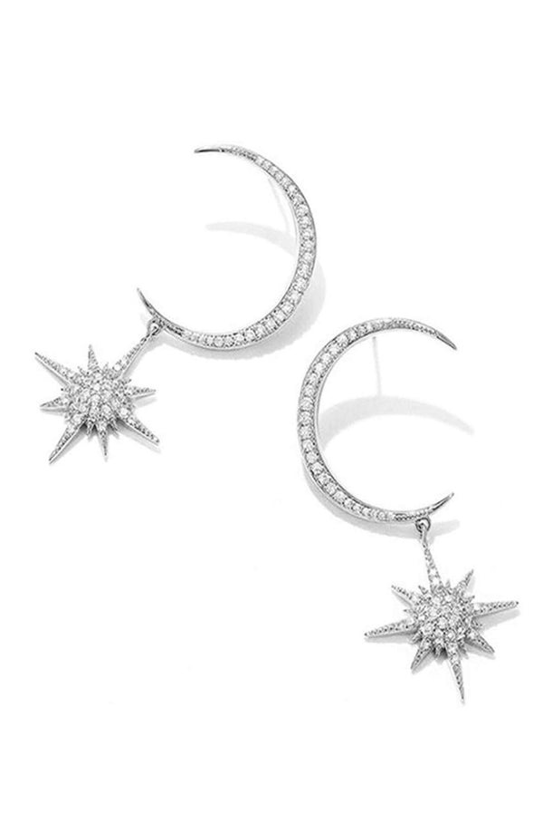 moon and stars diamond earrings, moon and stars earrings, earrings, silver earrings, moon earrings, stars earrings, diamond earrings