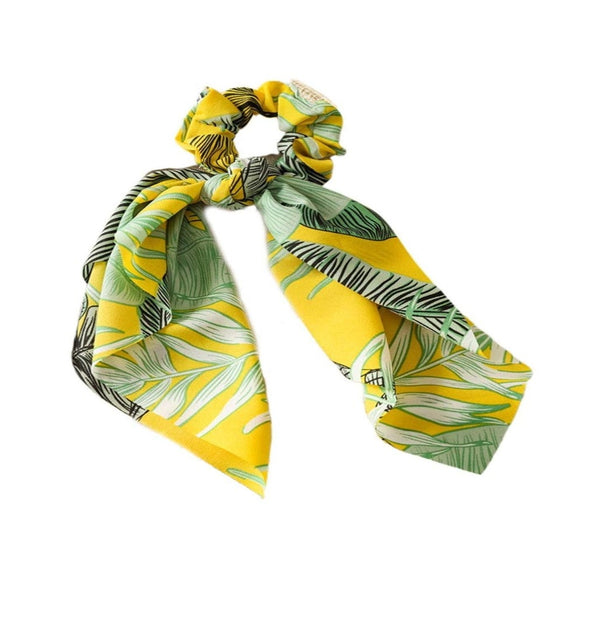 yellow print scrunchie, scrunchie, scarf scrunchie