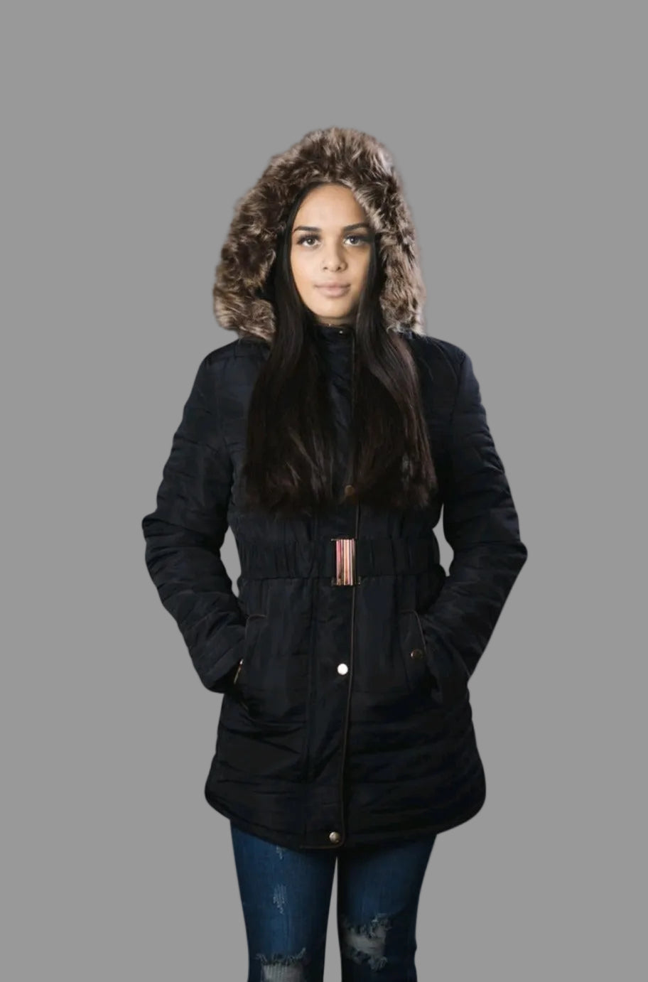 Black puffer coat with belted waist
