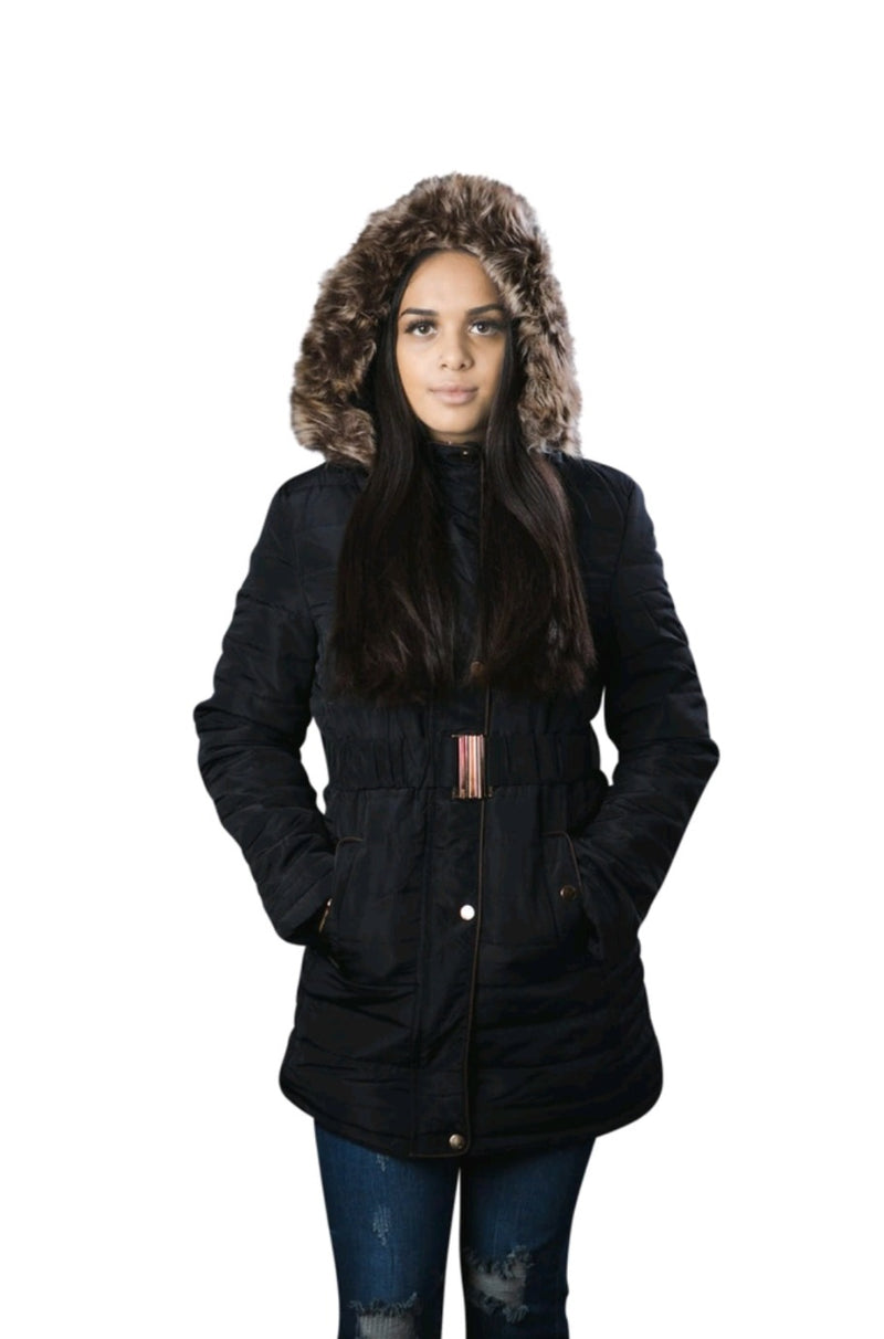 black puffer coat with belt