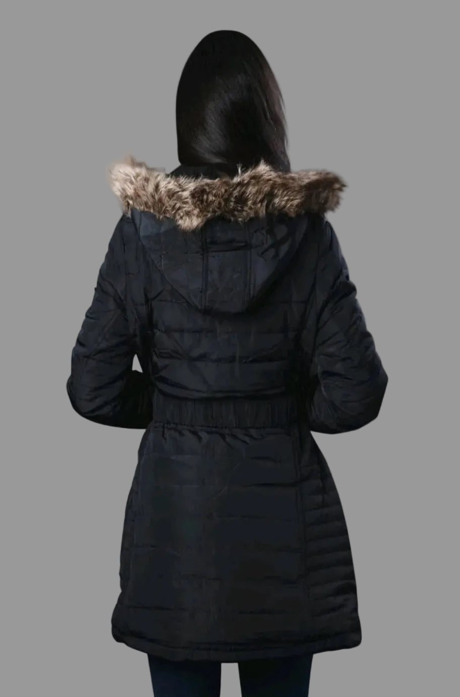 Black puffer coat, alternate view