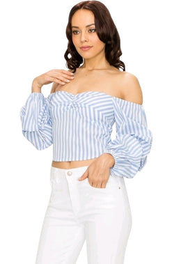blue and white stripe crop off the shoulder top, stripped top, blue and white top, tops