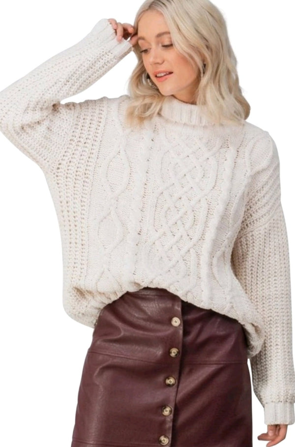 white knit sweater, turtle neck sweater, sweater, cable knit sweater