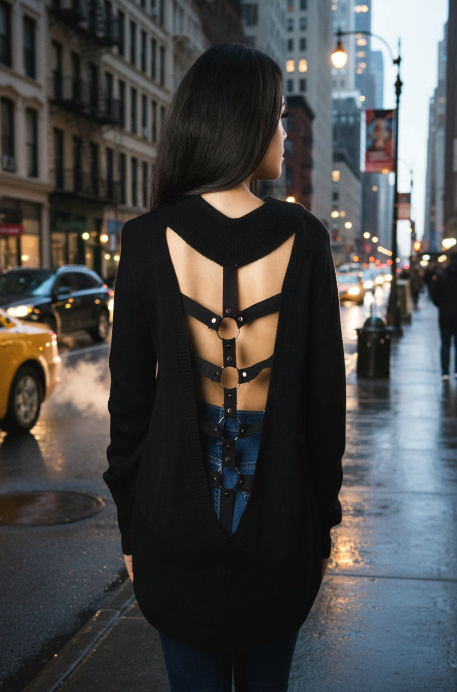 Black open-back V-neck sweater