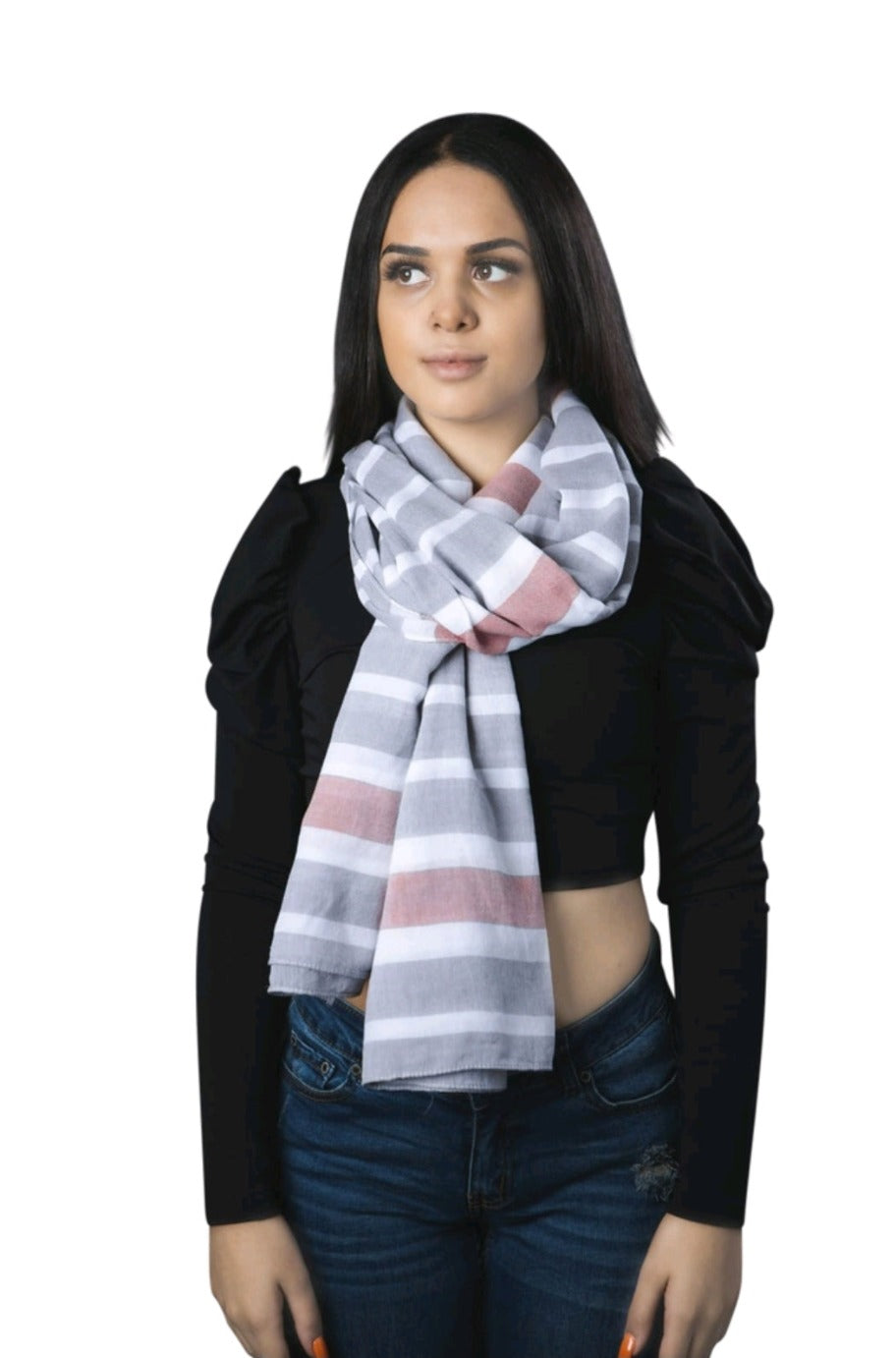 Pink, grey and white striped scarf