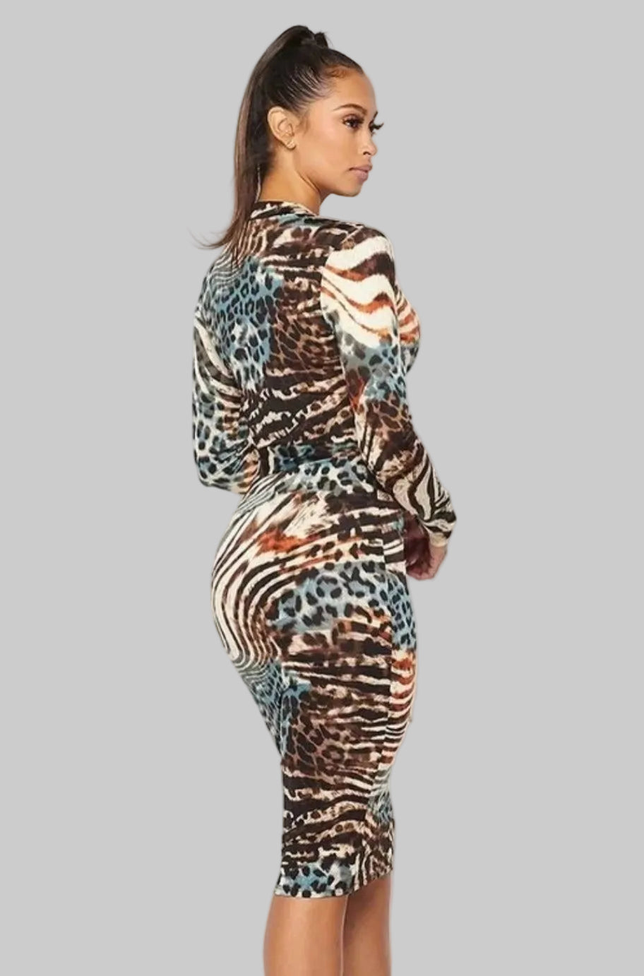 Animal print bodycon dress, back view