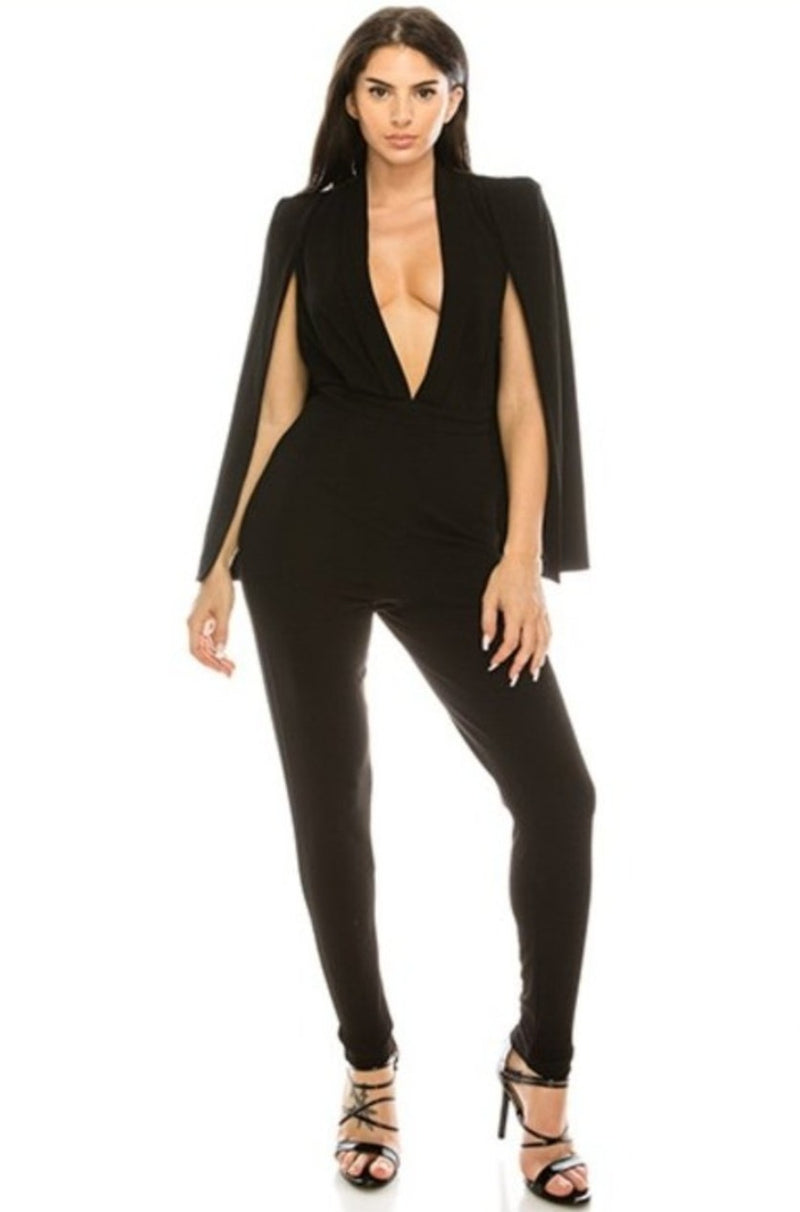 black cape jumpsuit, jumpsuit, black jumpsuit