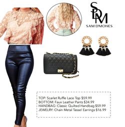 blush lace top, black leather pants with accessories ensemble, outfits