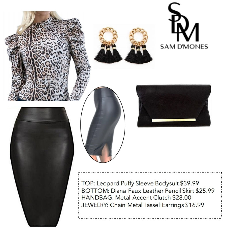 leopard long-sleeve bodysuit, black leather pencil skirt with accessories ensemble, outfits