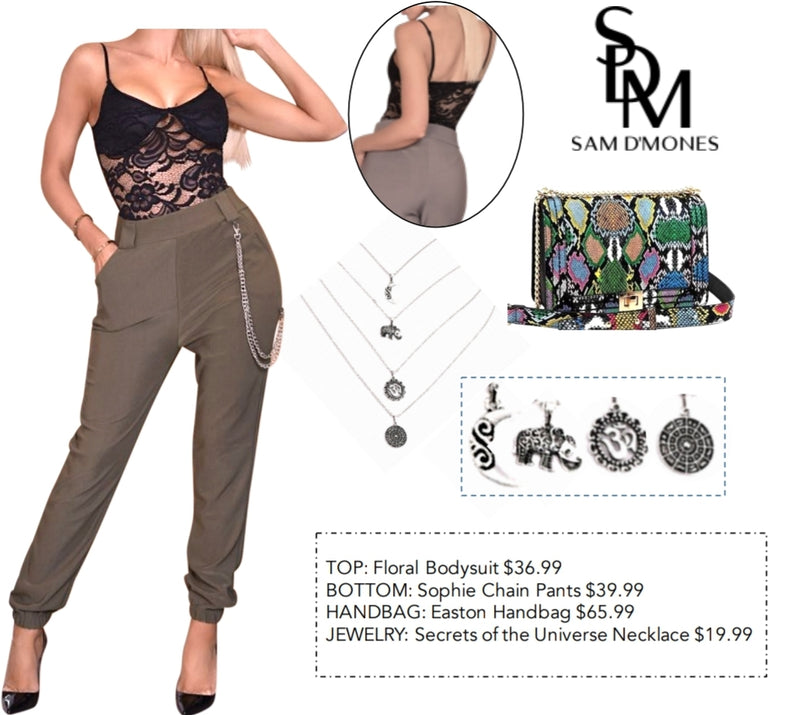 lace bodysuit with cargo pants, accessories ensemble, outfits