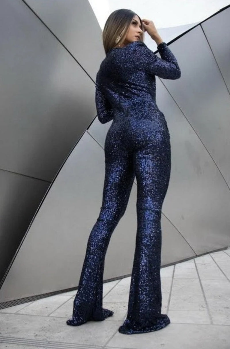 Navy Blue Sequin Jumpsuit Beckham Navy Sequins Jumpsuit SAM D'MONES