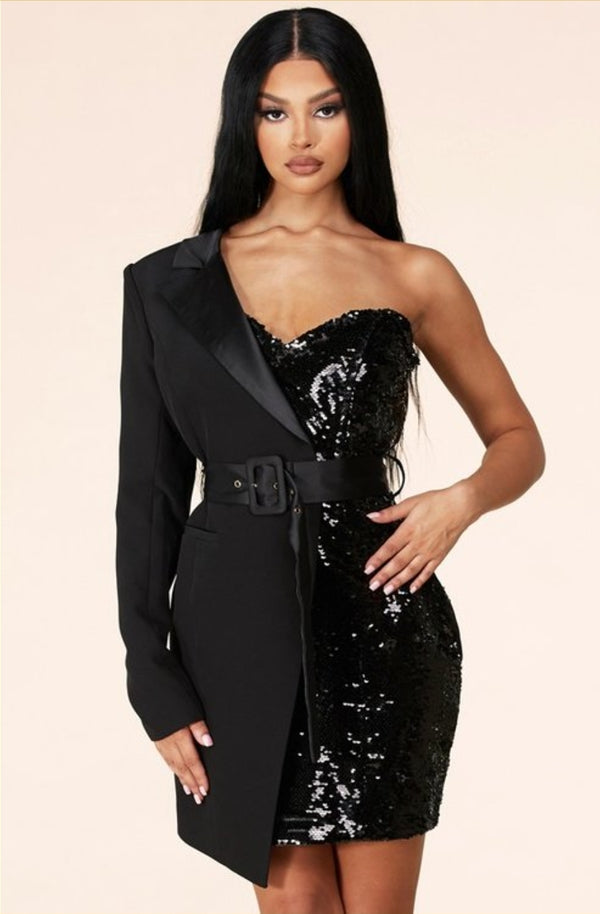 sequin one-sleeve blazer dress