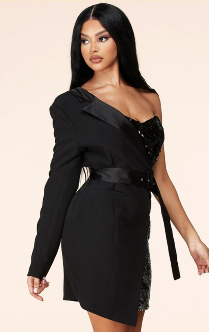 half sequin blazer dress Double Breasted Shoulder Pads Long Sleeve Velvet Collar, Amelia Sequin Blazer Dress in Black, Size 2X, For Cocktail