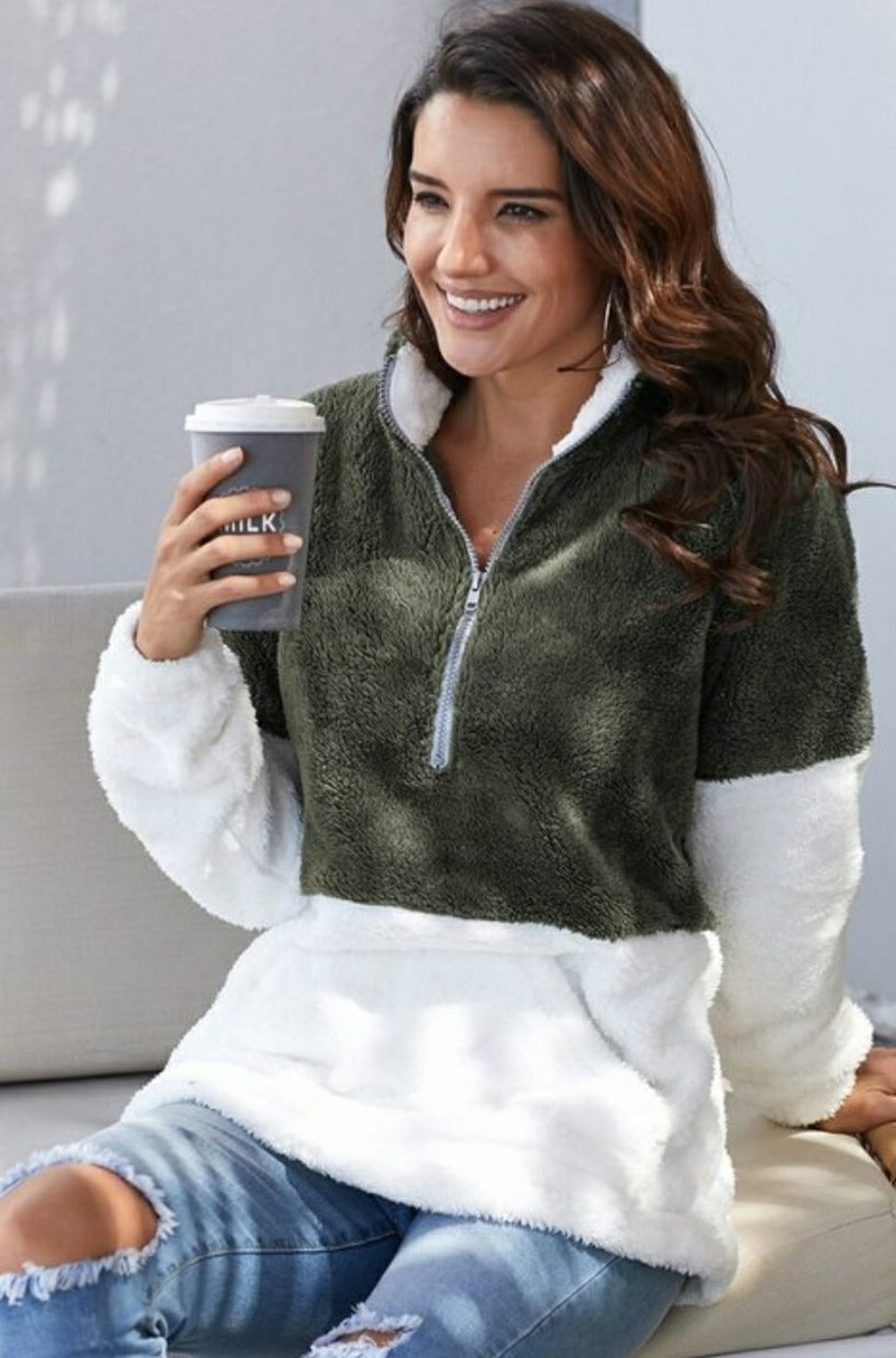 Grey and white quarter-zip fleece pullover