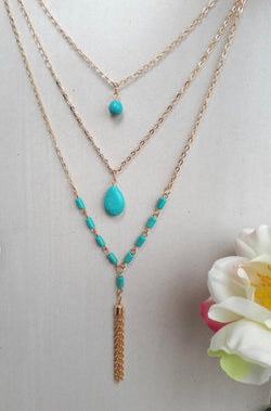 three layer gold necklace, blue gold necklace, gold necklace, necklace