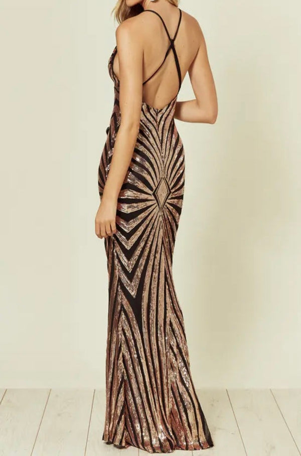 Emmy Black and Gold Sequin Gown By SAM D'MONES