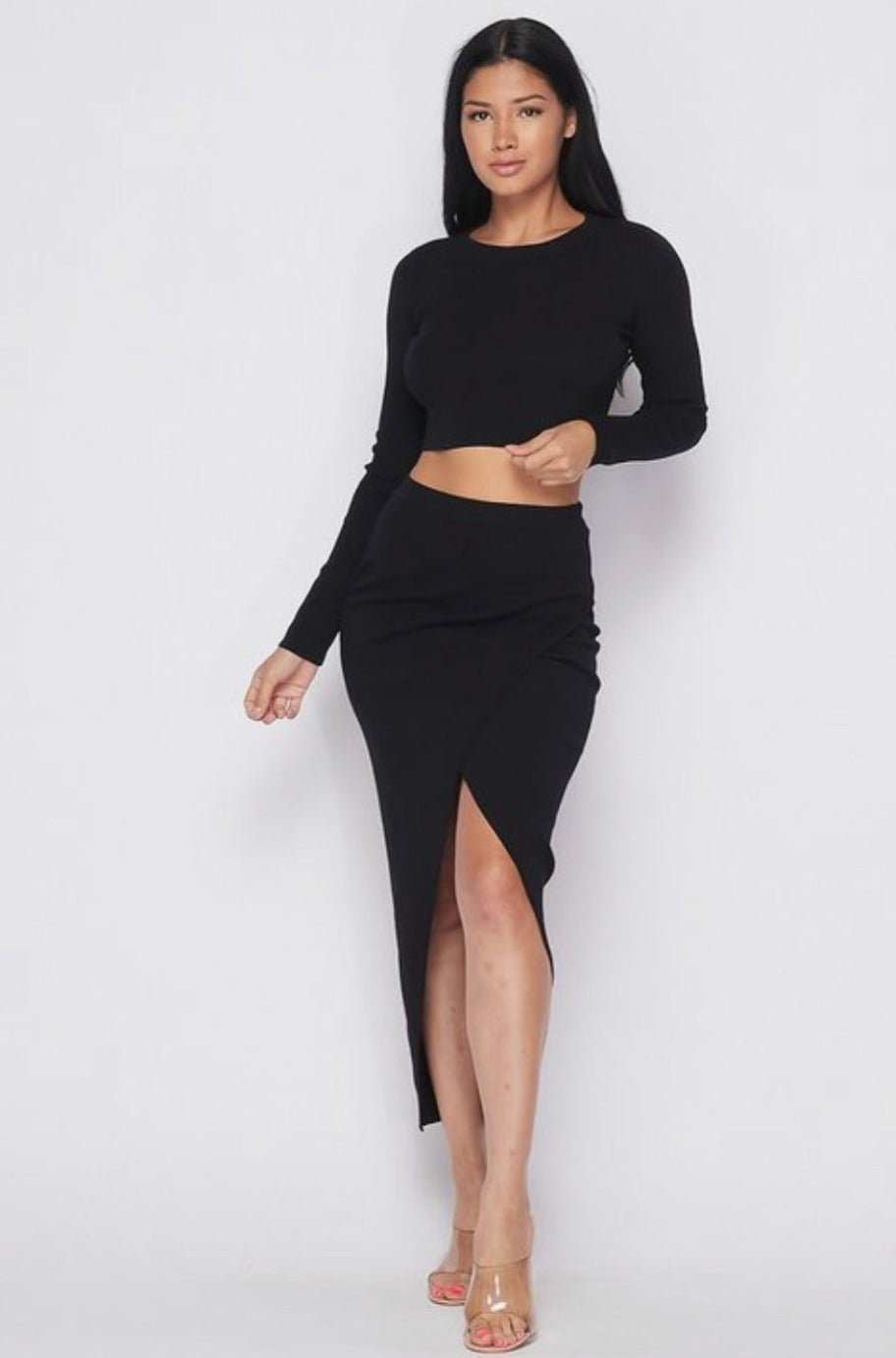 Black two-piece set, back view