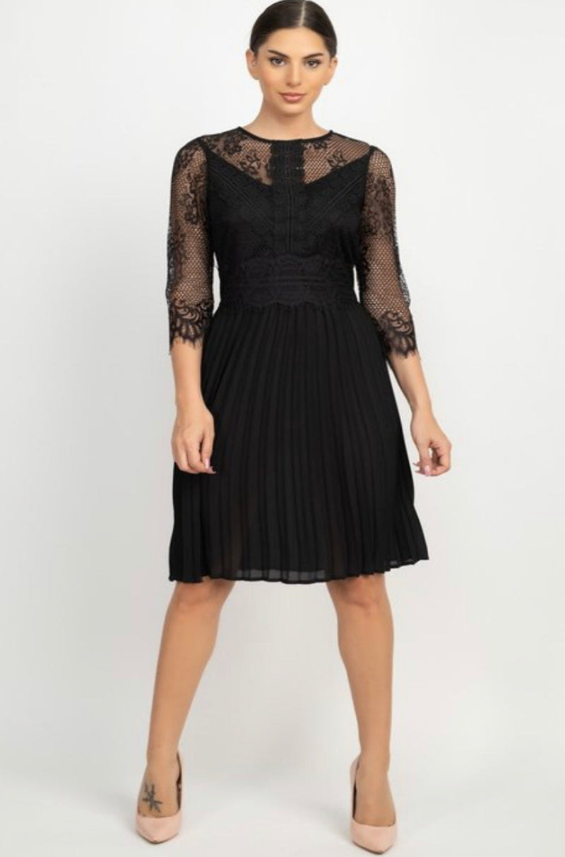 Vintage Black Knit and Pleated Dress
