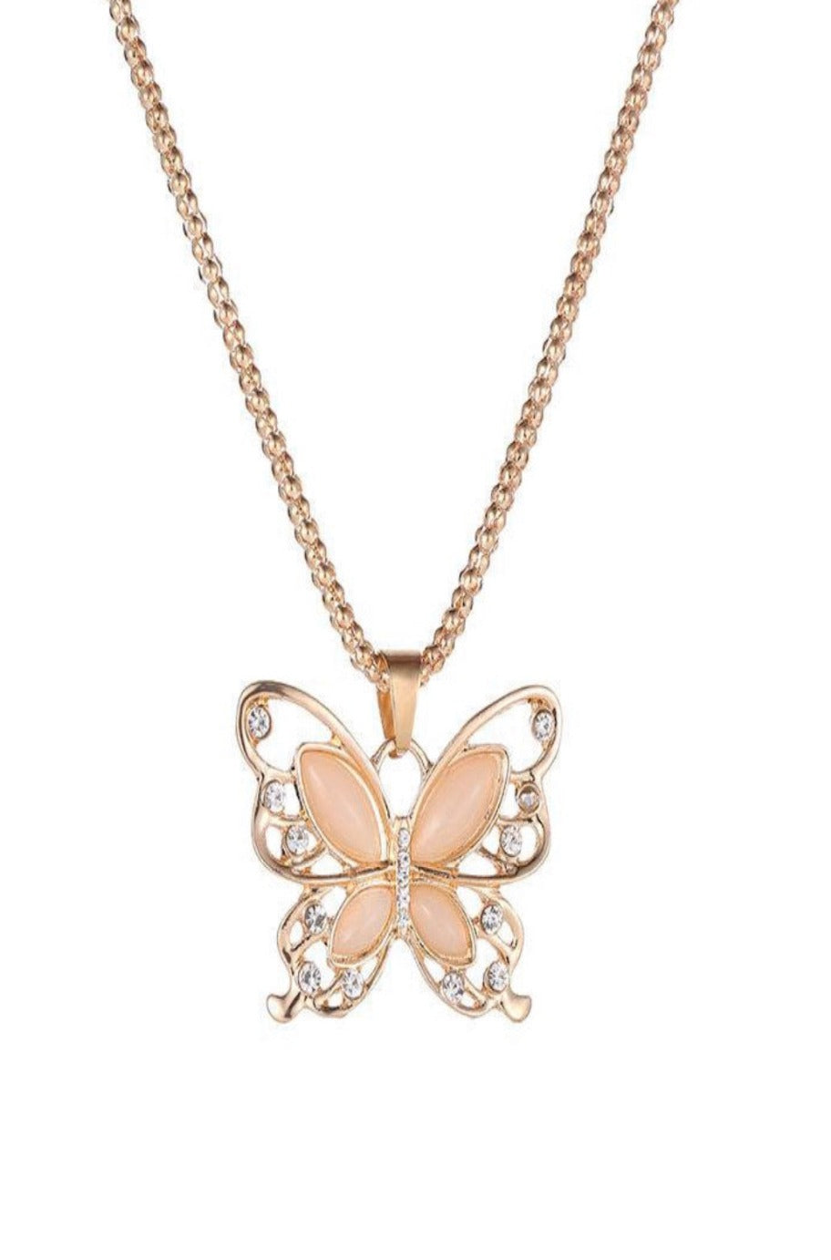 Rose gold butterfly necklace with opal detail