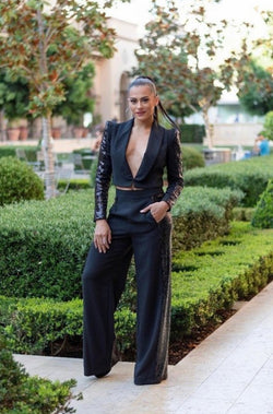 black and sequin pant suit