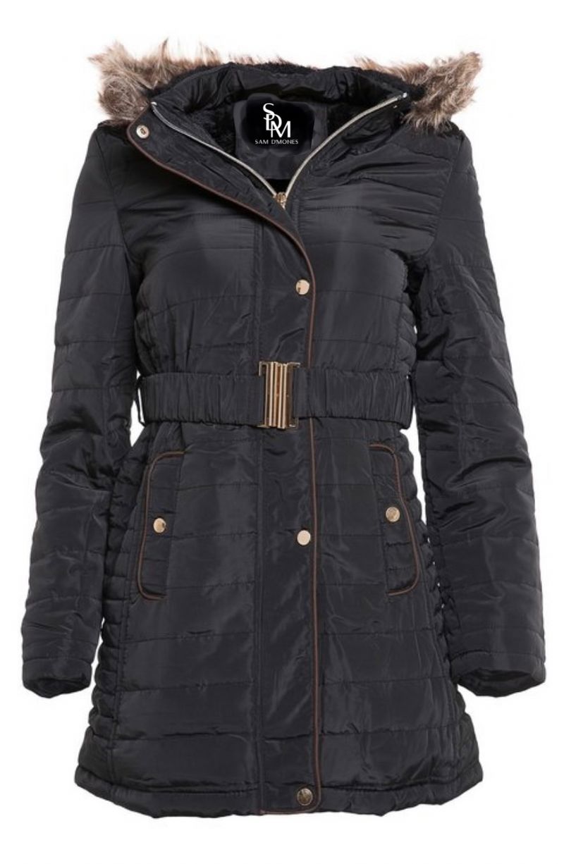 coat, SAM D'MONES coat, puffer coat, puffer jacket, coat with hood, coat with detachable hood, black coat, coat, coat with buckle, coat with fur