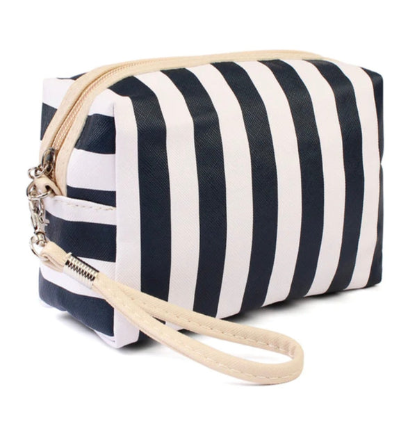 cosmetic bag, make up bag, travel bag, blue and white travel bag, stripped make up bag, stripped travel bag, navy and white makeup bag