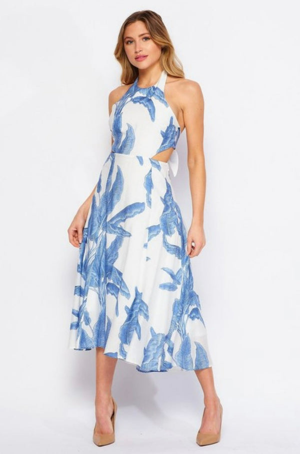 White and blue dress, white and blue palm printed dress, yacht attire, resort wear, dresses, summer dress, blue palm dress