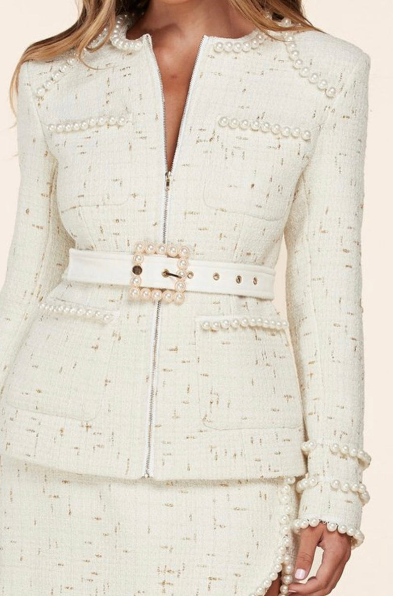 Vivienne Lee Two-Piece Embroidered Lace Pearl Suit