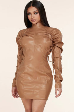 taupe tan long-sleeve leather dress 