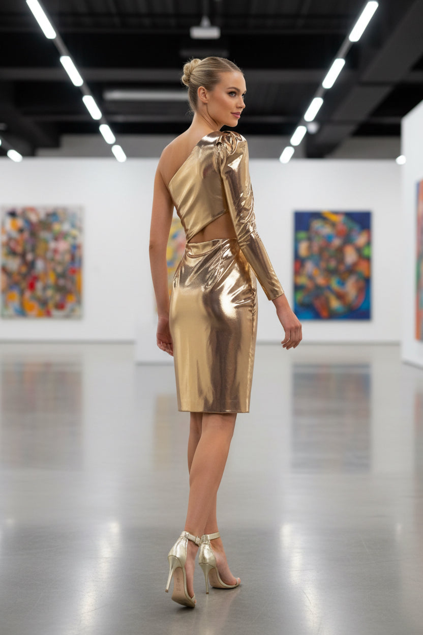 Gold one-shoulder dress, alternate view